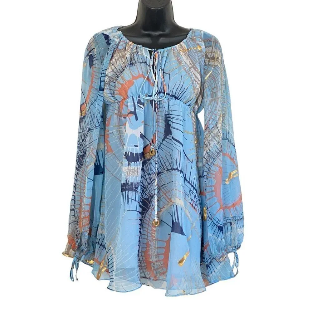 Vintage La Rox Blue Silk Metallic Long Sleeve Babydoll Evening Mini Dress Size L